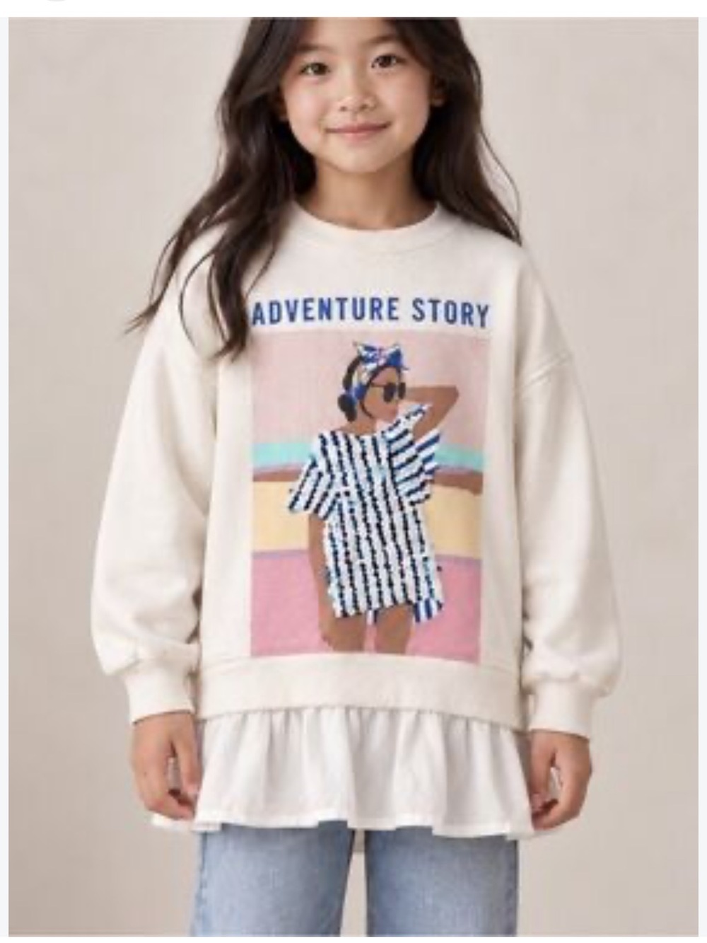 Zara Cream Sweatshirt with Colorful 'Adventure Story' Graphic